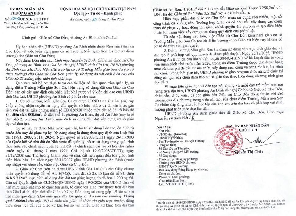 Văn bản ch&iacute;nh quyền phường An B&igrave;nh (Gia Lai) trả lời kiến nghị của Gi&aacute;o xứ Chợ Đồn. Ảnh: Gi&aacute;o xứ Chợ Đồn.